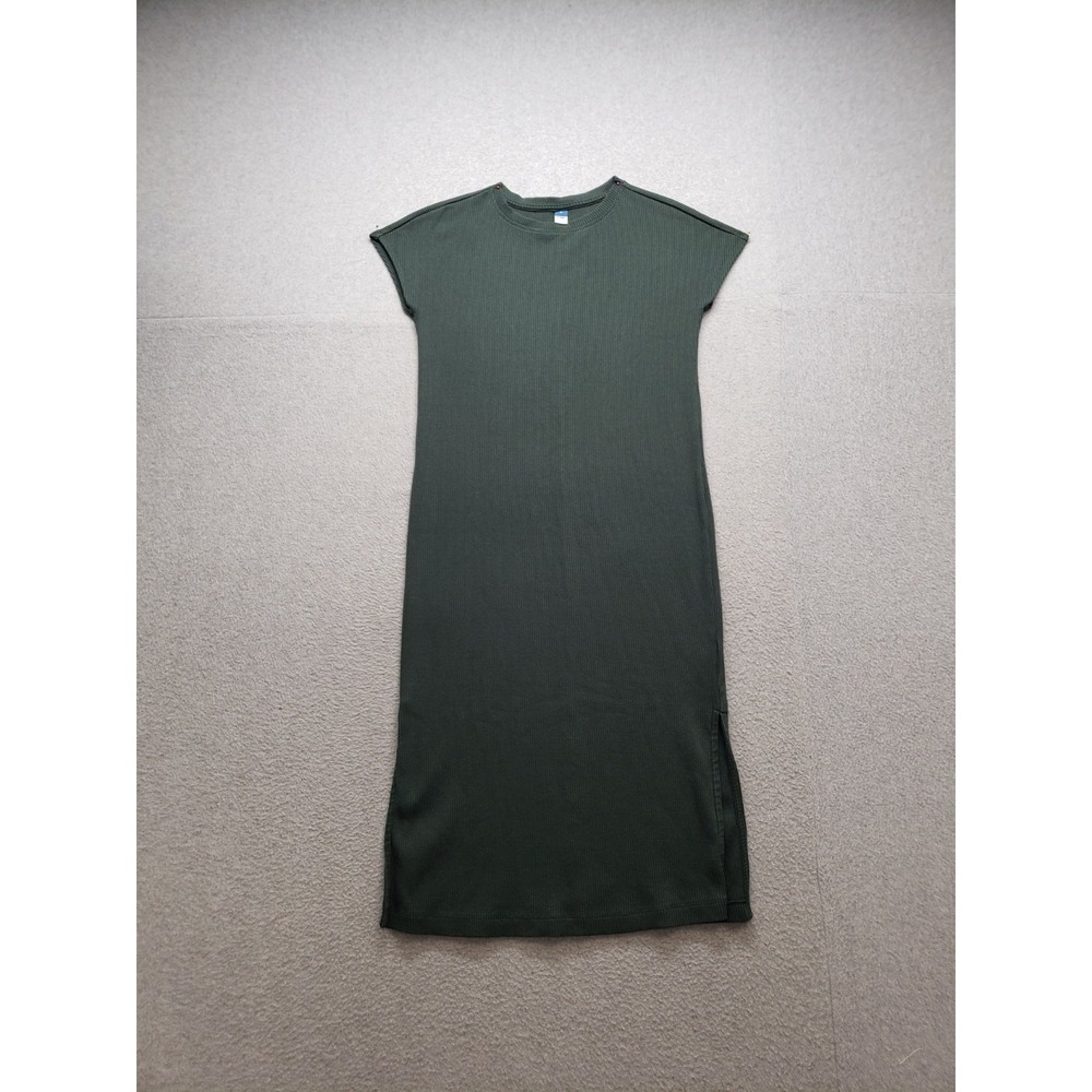 Old Navy Women Dress S Green Ribbed Crew Neck Short Sleeve Stretch Slit Casual
